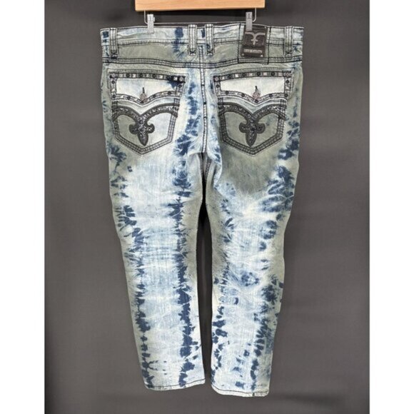 Rock Revival Men's Ayaan Biker Jeans 42x33 Blue Bleach Tie Dye Moto Streetwear - Picture 2 of 14